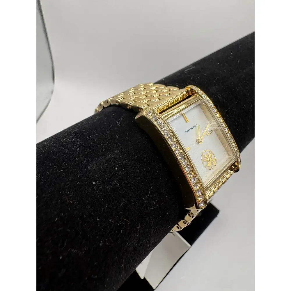 Tory Burch Women Watch Gold Crystal Bezel Mop Dial Rectangular Bracelet Nwt Gold